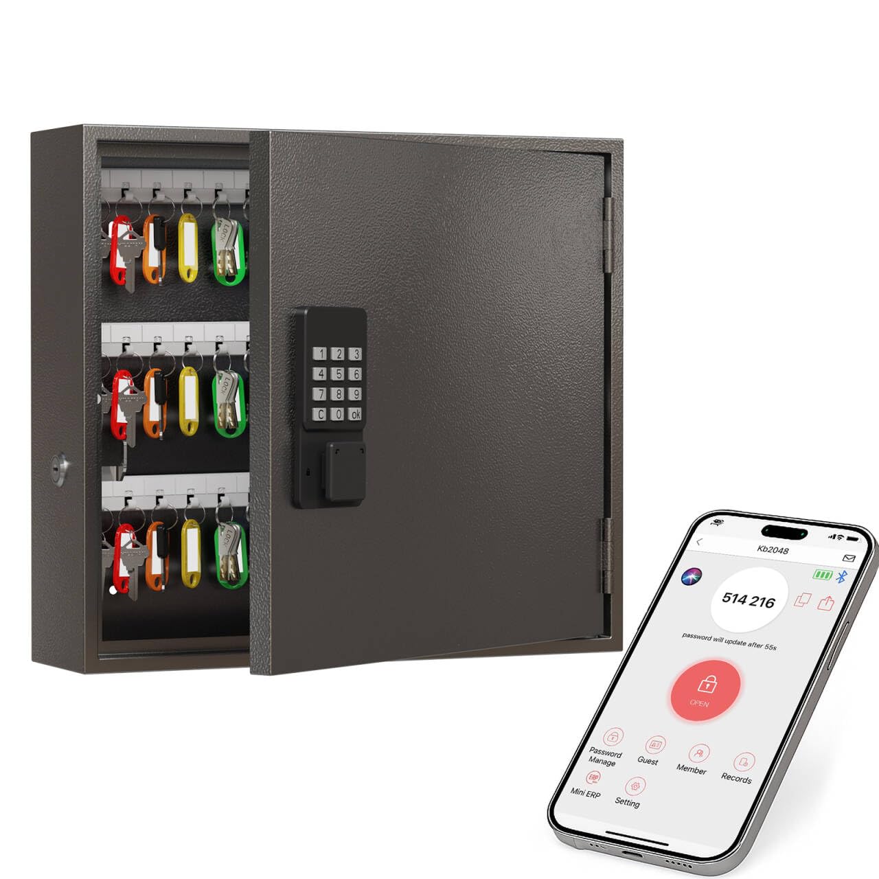 wehere smart key lock box, wall mounted key cabinet with 90 key tags, bluetooth app control, otp & password unlock, wi-fi remote unlock (bridge required), steel key safe for office home business