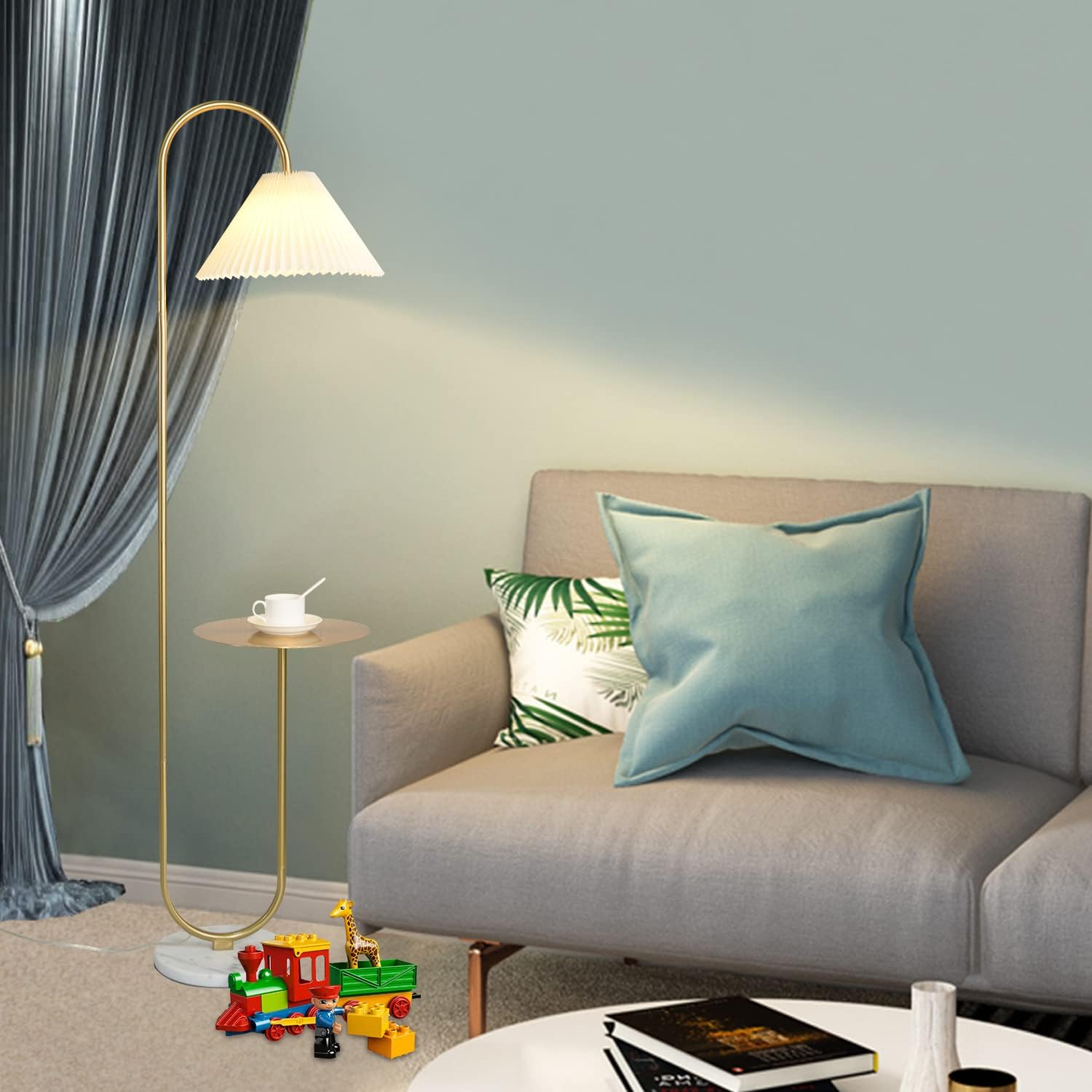 beaysyty Modern Elegant with Tray Floor Lamp for Office Cafe Den Living Room Bedroom, Foot Switch and Brass/Gold Finish,Light Yellow Pleated Cloth Lampshade