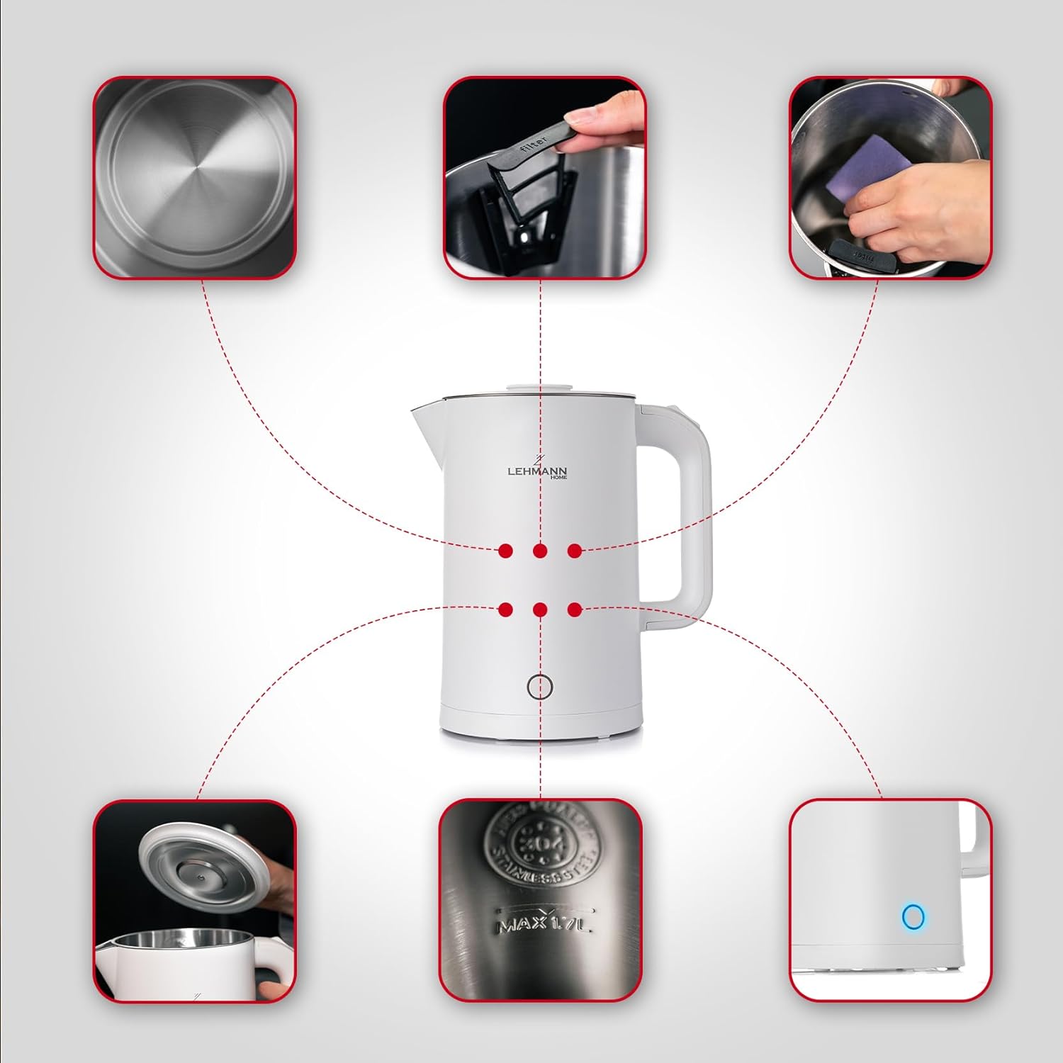 Image showing the LEHMANN electric kettle with its lid removed and an arrow indicating its 360-degree rotation capability on its power base.