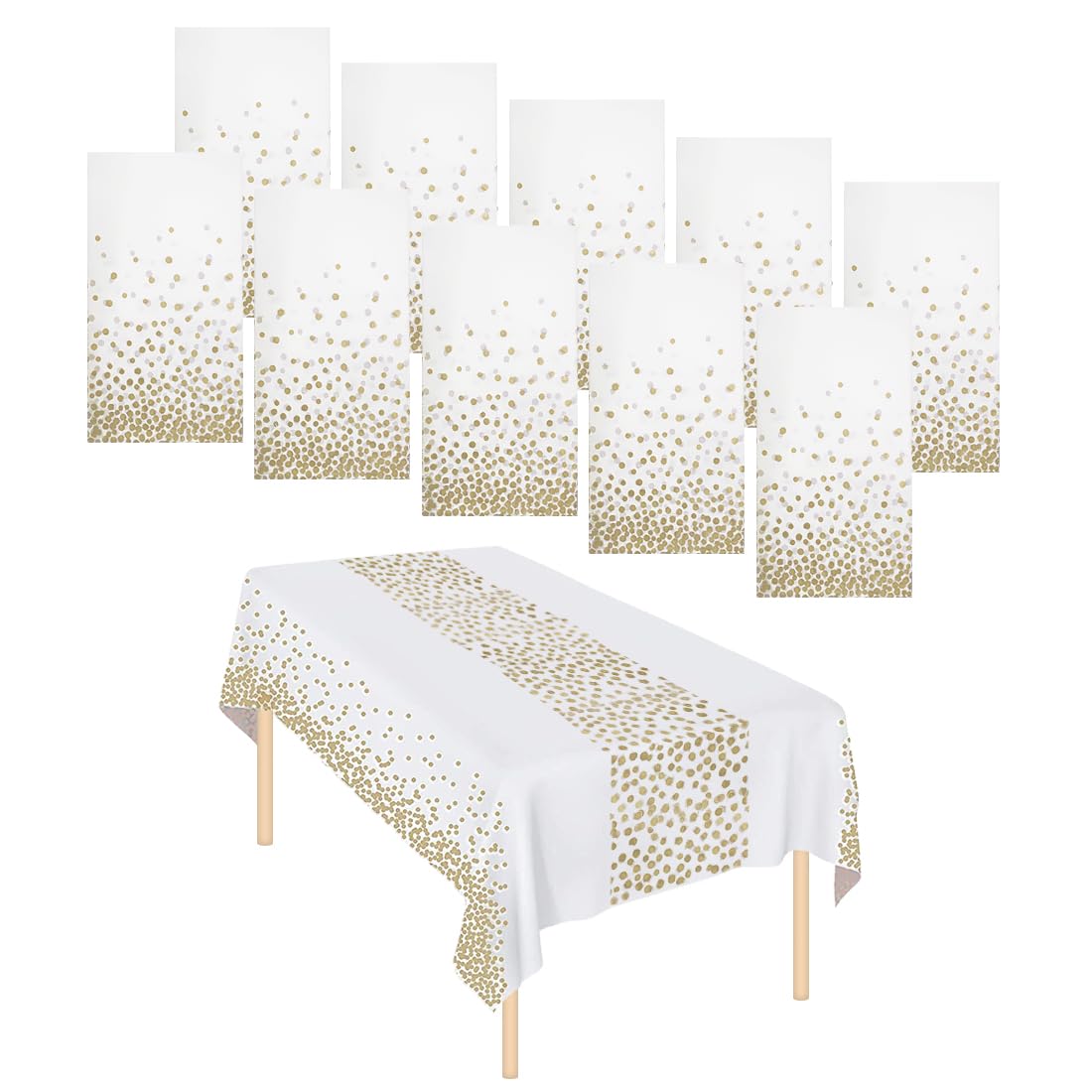 10 Packs Party Tablecloths Disposable Table Cloths Covers Wipeable Plastic Tablecloth Waterproof Table Decoration for Indoor Outdoor Birthdays Weddings Christmas (White Gold with Runner printed)