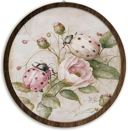 BIWSHA Decoración de pared de madera con diseño floral de mariquita rosa vintage francesa, diseño de mariquita rústica, decoración redonda para