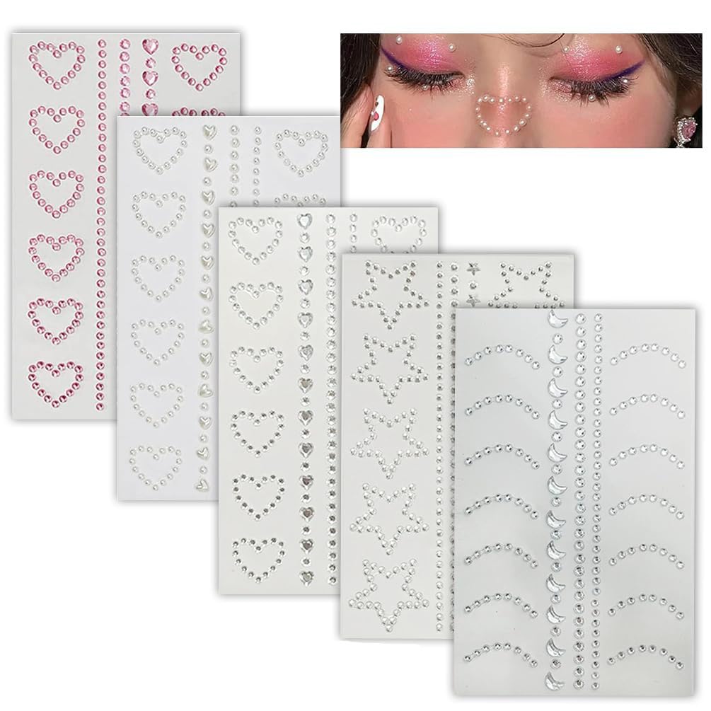 Self Adhesive Face Gems Pearls for Makeup, 3D Heart Star Moon Shape Jewels Face Rhinestone Stickers for Face, Eye, Makeup, Nail, Body, Crafts