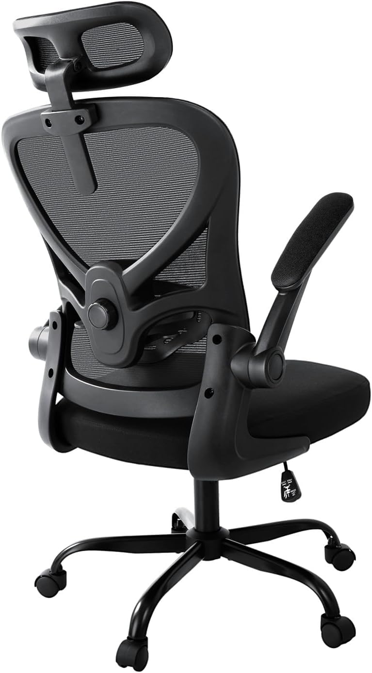 ALAULM Ergonomischer Bürostuhl mit Verstellbarer Lendenwirbelstütze und um 90° hochklappbaren Armlehnen, Computerstuhl mit hoher Rückenlehne aus Netzgewebe für Zuhause und Büro, schwarz