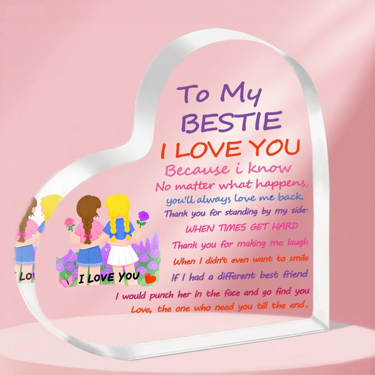 Tovii Women's For Bestie 3 Bestie Gifts Friendship Gifts For Best Friends Bestie, Funny Transparent Heart Shaped Acrylic Plaque Christmas Birthday Gifts For Bestie, Sister, Friends
