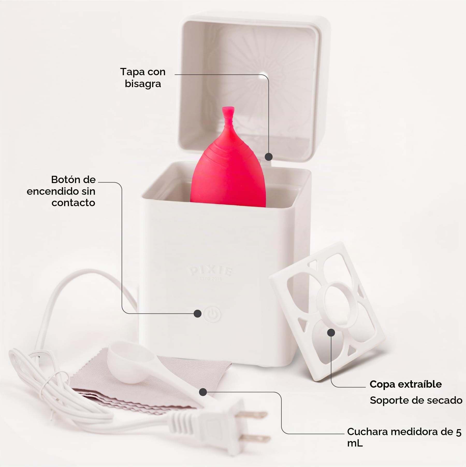 Pixie - Esterilizador de copa menstrual - Clasificado 1 para el mejor vaporizador - Mata el 99.9% de los gérmenes con vapor más limpio - Lava tu taza o disco menstrual en 3 minutos. - Interruptor de