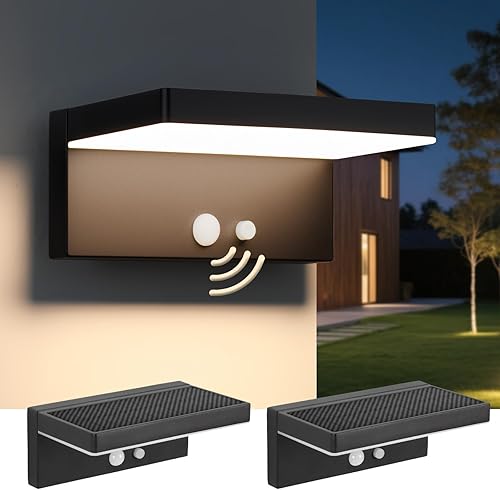 Paquete de 2 luces solares con sensor de movimiento para exteriores, 600 lúmenes, 3 modos, IP44 impermeable de aluminio con tiempo de funcionamiento
