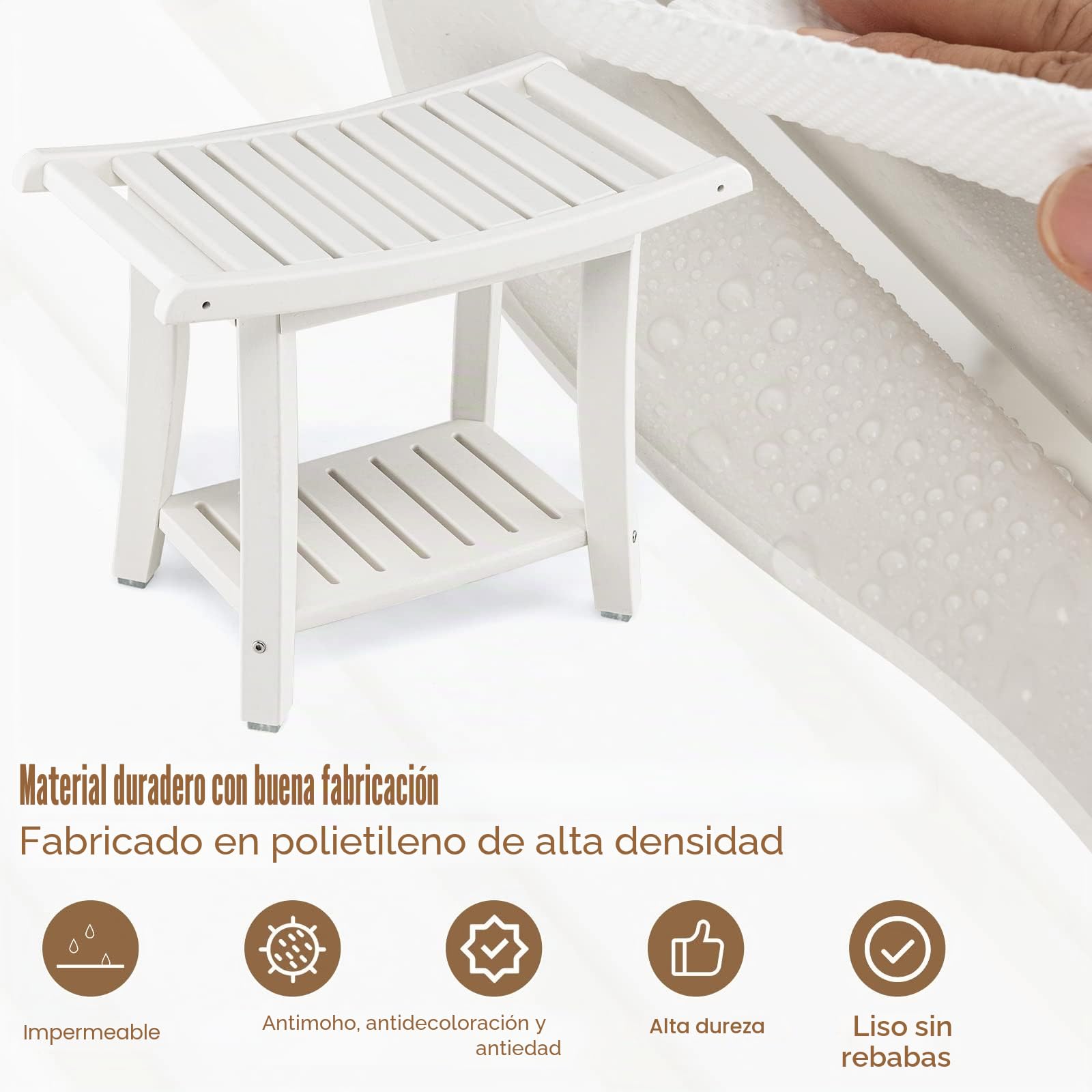 RELAX4LIFE Taburete de Baño Sólido de 2 Niveles, Banco de Ducha de HDPE Resistente al Agua con Toallero de Asiento Curvo, Taburete Bajo con Estante de Almacenamiento con Esquinas Redondeadas, Blanco