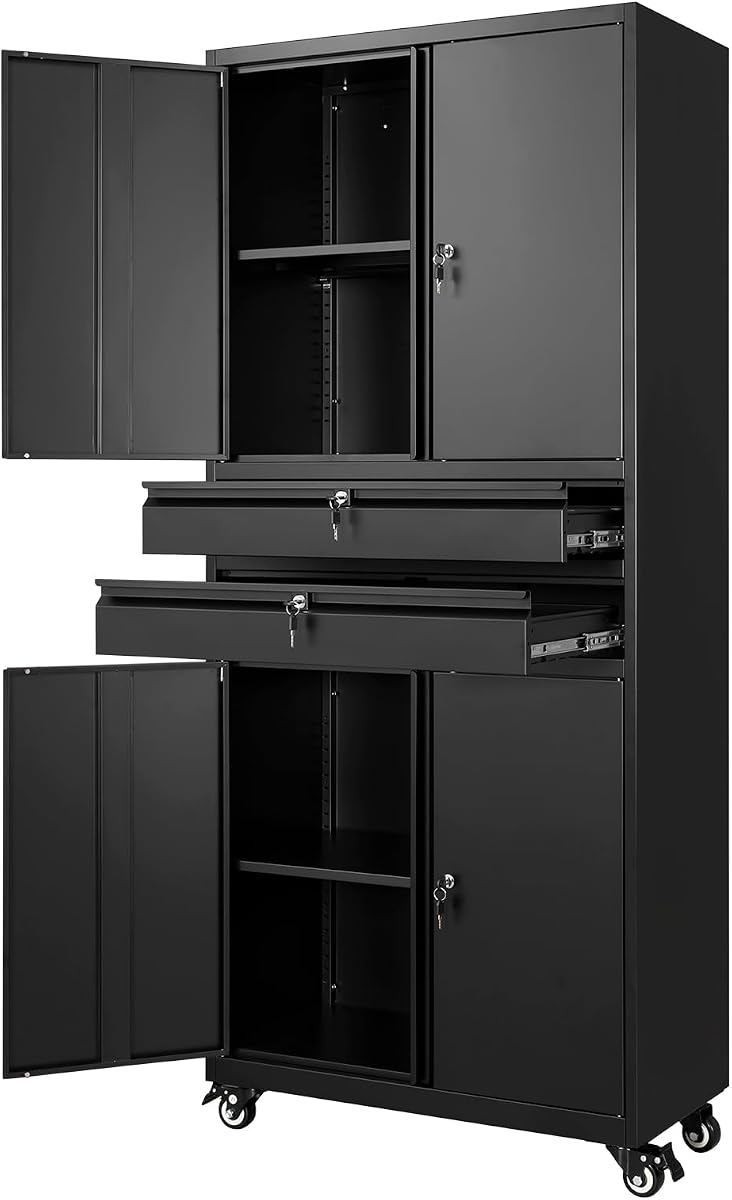 Gabinete de almacenamiento de garaje de metal con puertas con cerradura y estantes ajustables, gabinete de almacenamiento de herramientas rodante de 74" con 4 ruedas y 2 cajones para garaje, almacén