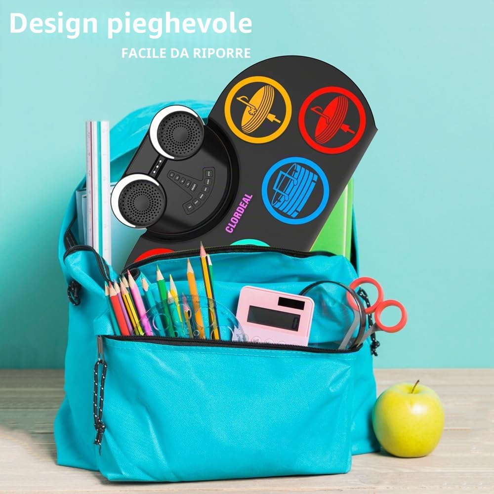 Batteria Elettronica Portatile con Bluetooth e MIDI - 9 Pads Batteria Elettrica, Altoparlanti Stereo Integrati, Batteria Ricaricabile, Ideale Regalo Natale e Compleanno per Bambini e Adulti