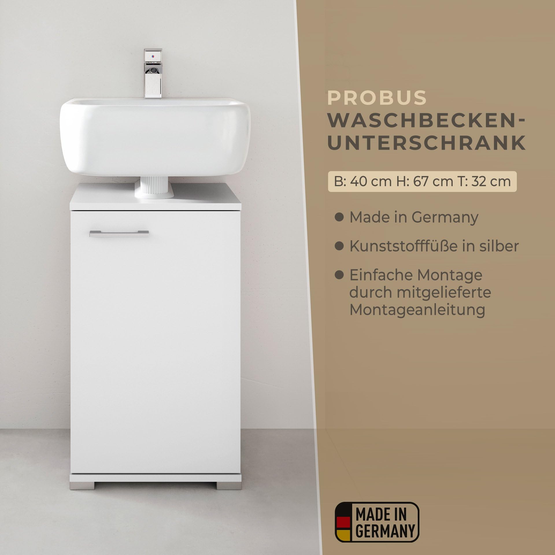 Probus Basic Badunterschrank 40 cm – Moderner Waschbeckenunterschrank in weißem Design mit viel Stauraum – Made in Germany, Weiß