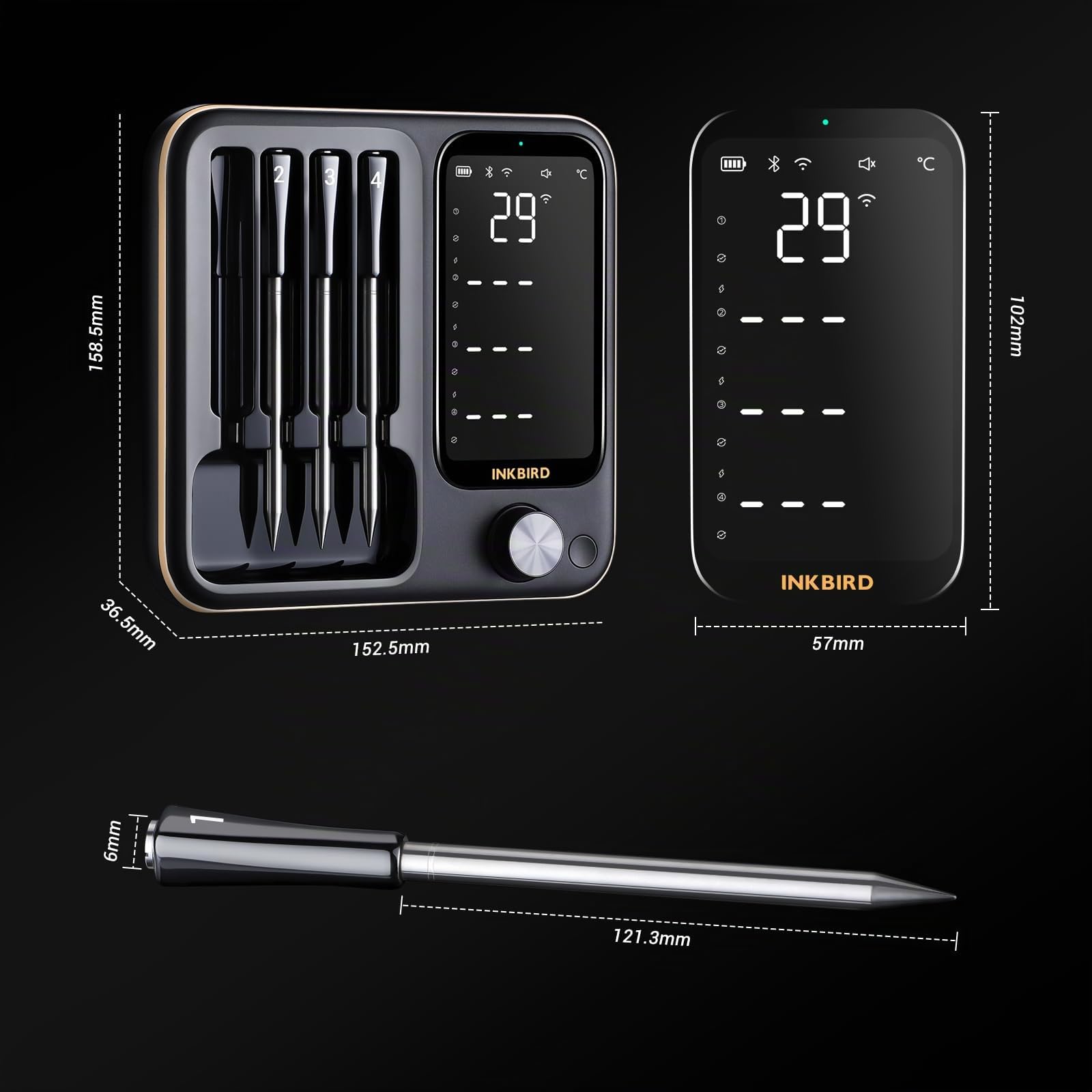 Inkbird INT-14-BW - Termómetro para carne inalámbrico, Smart Grillthermometer WIFI 2.4G y Bluetooth 5.4 Signal 91 m, Termómetro para horno, barbacoa, ahumador, asador, horno