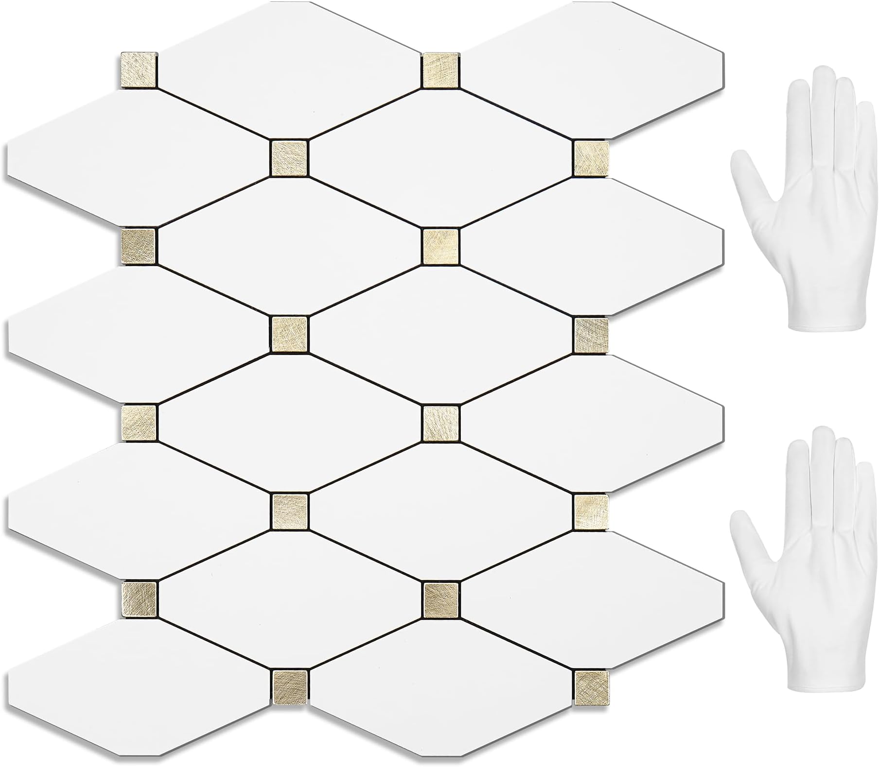 STICKGOO 10 Sheets Peel and Stick Backsplash, Pure White Marble Look PVC Mixed Metal Gold Kitchen Backsplash, Stick on Backsplash Wall Tiles for Kitchen, Bathroom, RV