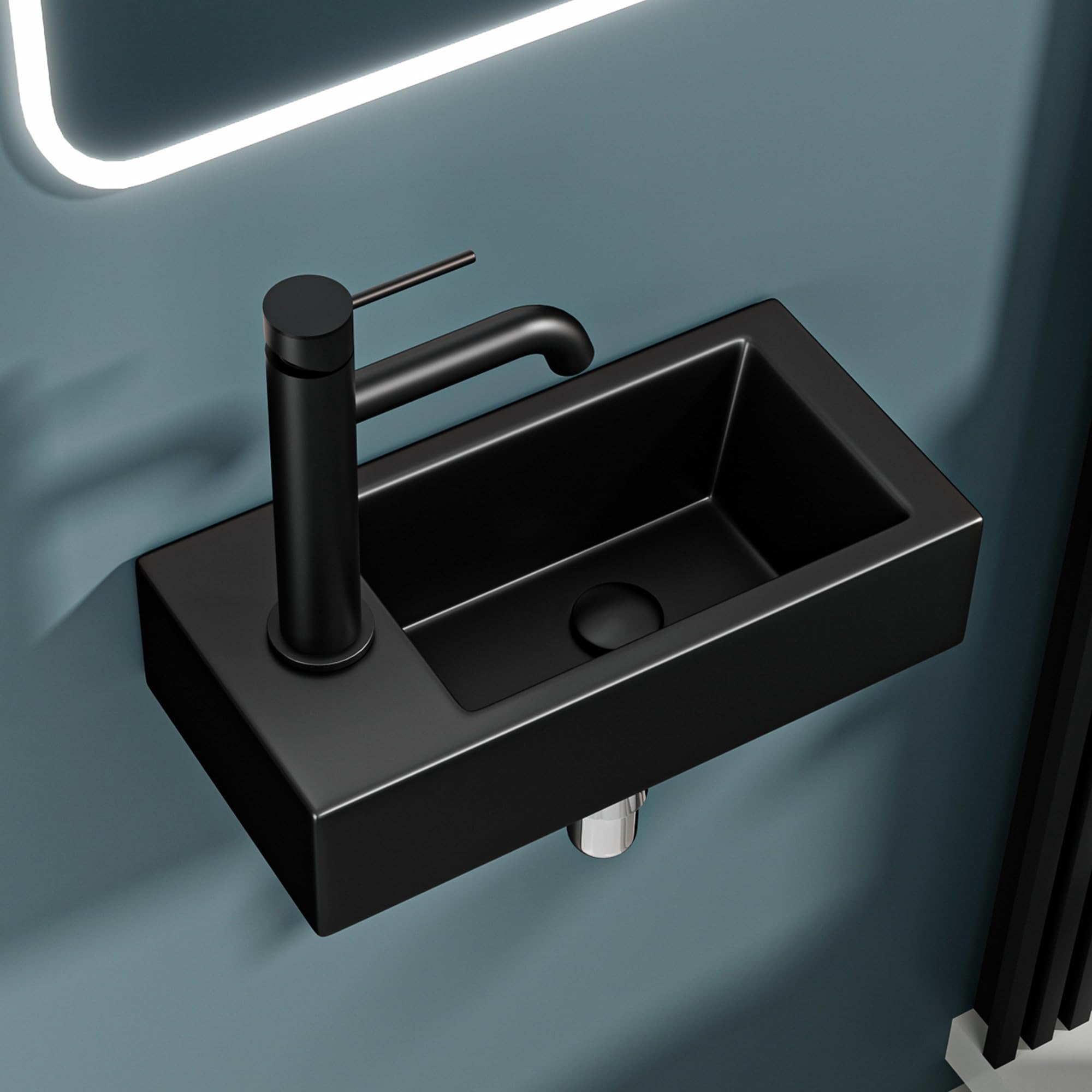 Lavabo compatto nero opaco con uscita sinistra 36,5 x 18 x 9 cm – Lavabo rettangolare in ceramica – ideale per WC, piccoli bagni d'acqua e spazi ristretti
