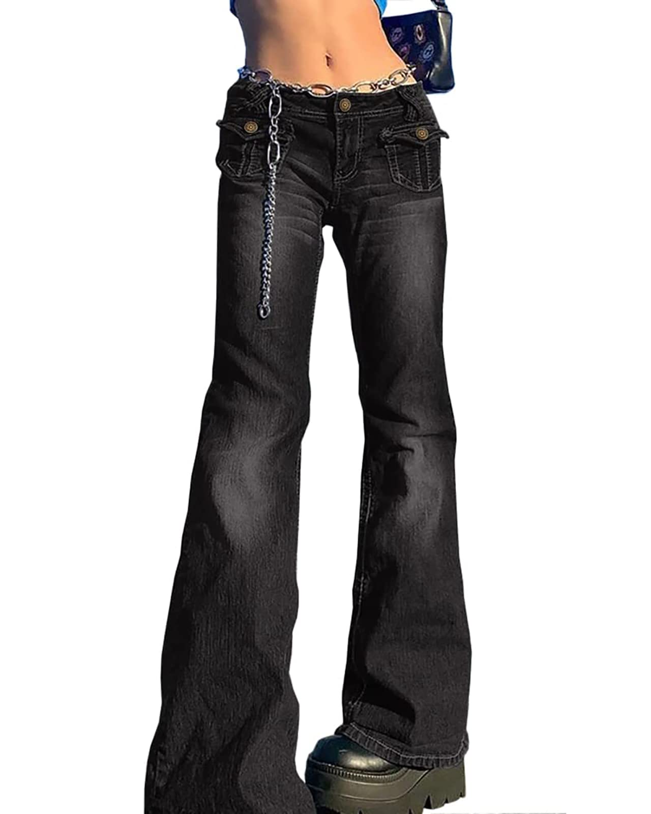 Koinshha Women's Y2K Low Rise Jeans Baggy Straight Leg Suitable All Leg Types Denim Pants Black