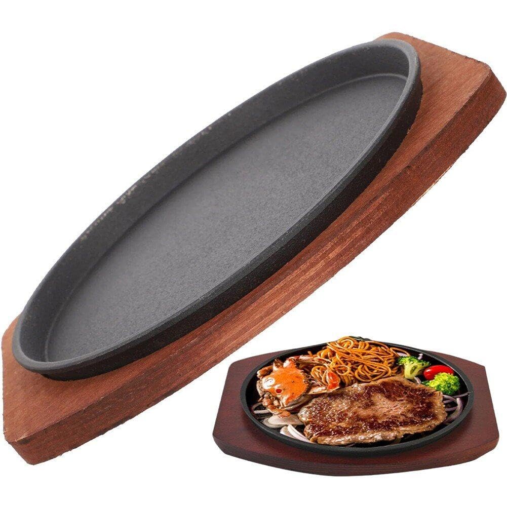 Hrippy As Shown Cast Steak Plate Sizzle Griddle Nonstick Fajita Skillet Serving Plate With Wooden Base Steak Plate Pizza Oven Bbq Accessories