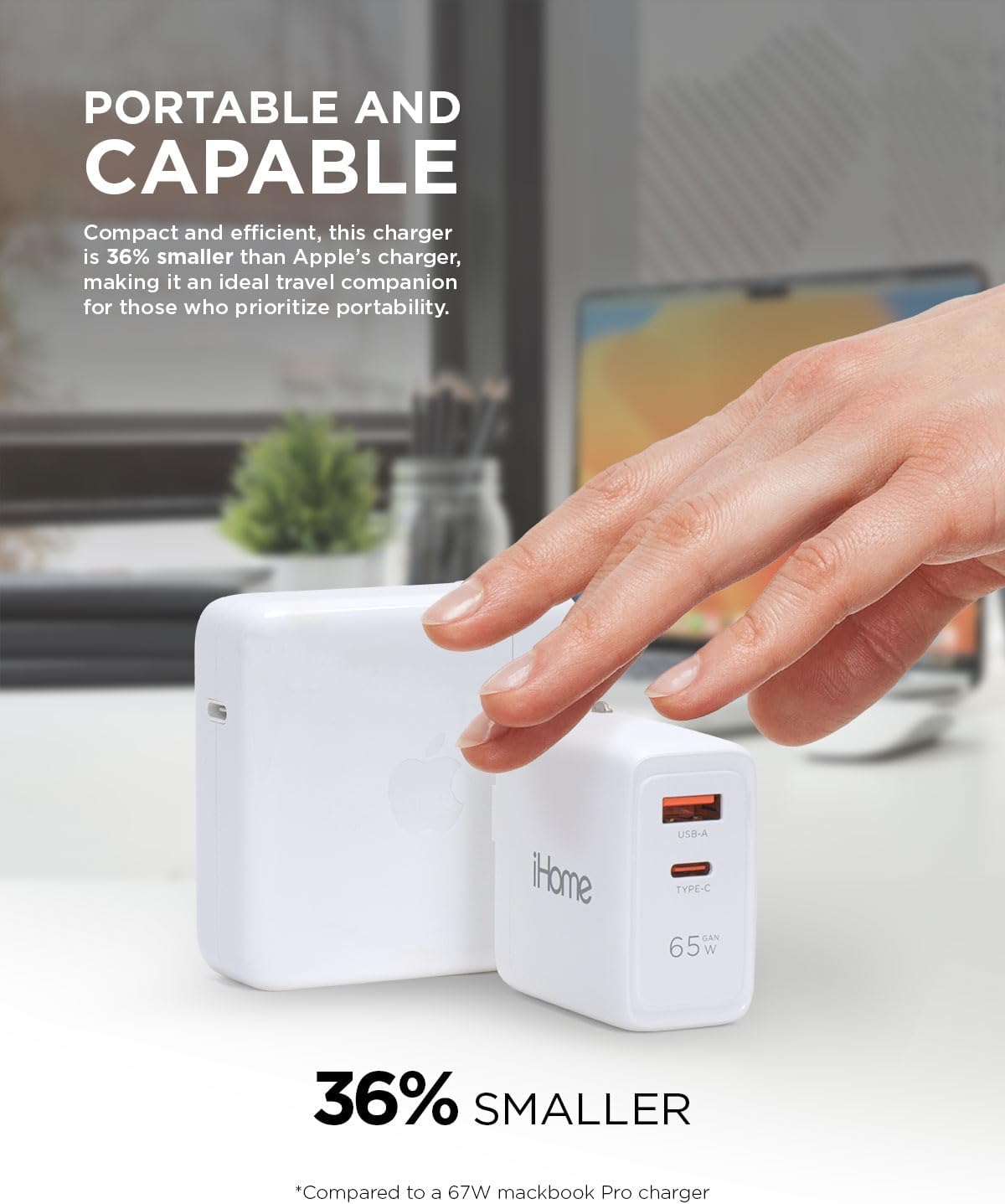 iHome 65W USB C Charger Block, GaN Fast Charging with Dual Ports (USB-C PD & USB-A), Compact Universal Laptop Charger, Foldable Plug