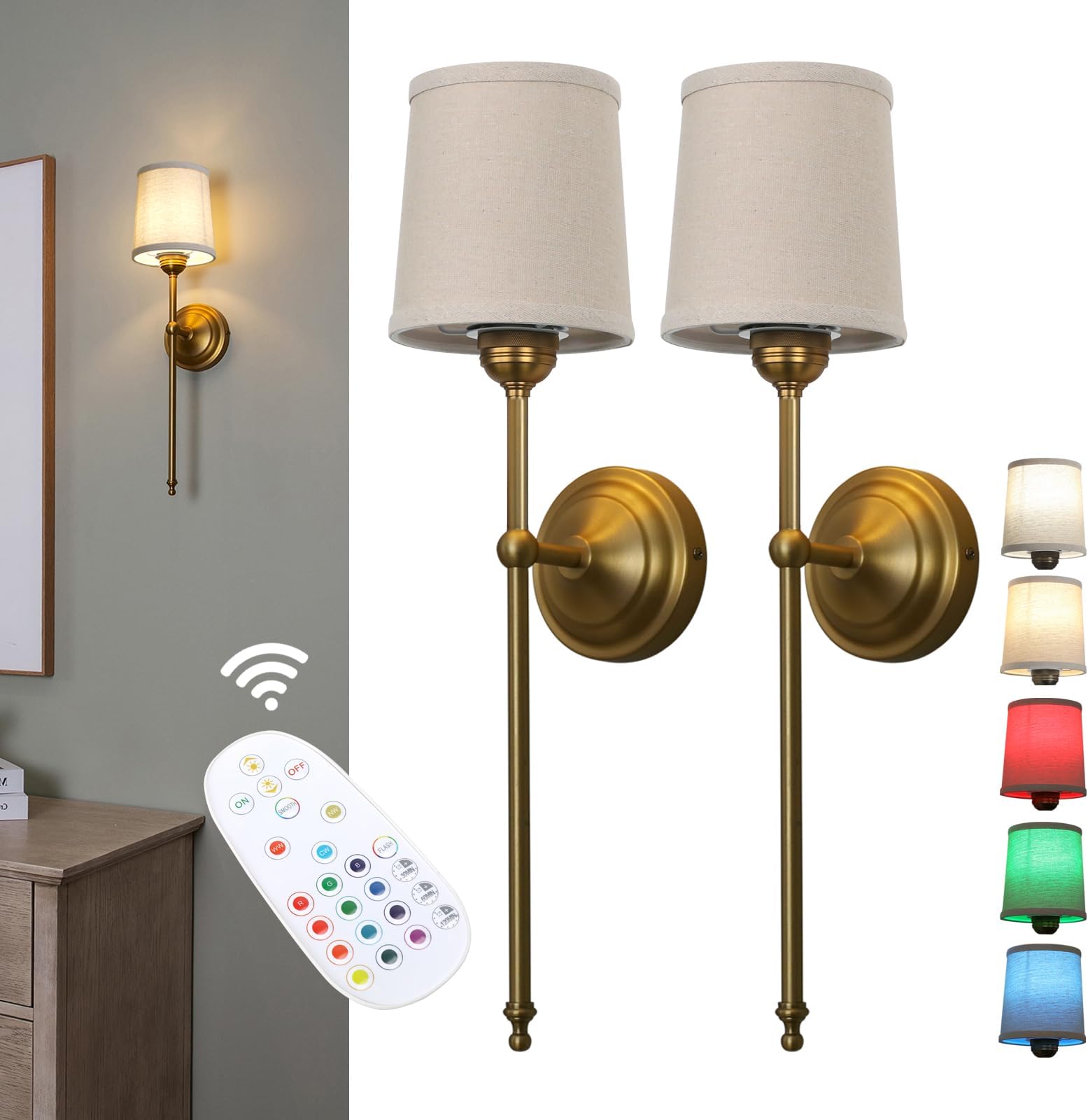 Set of 2 Battery Operated Wall Light Linen Fabric Shade Wall Sconce Wireless Rechargeable Wall Lamp RGB Color Changing Dimmable Lighting Decor for Bedroom Living Room Hallway (Antique)