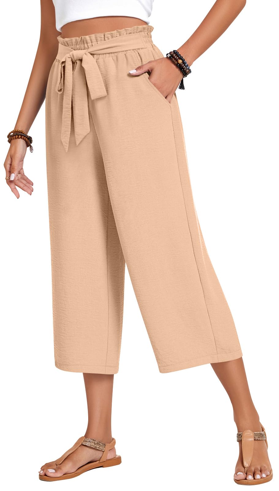 Aodemo Womens Capri Pants Plus Size Wide Leg High Waist Tie Knot Pants Casual Loose Palazzo Trousers with Pockets M-4XL