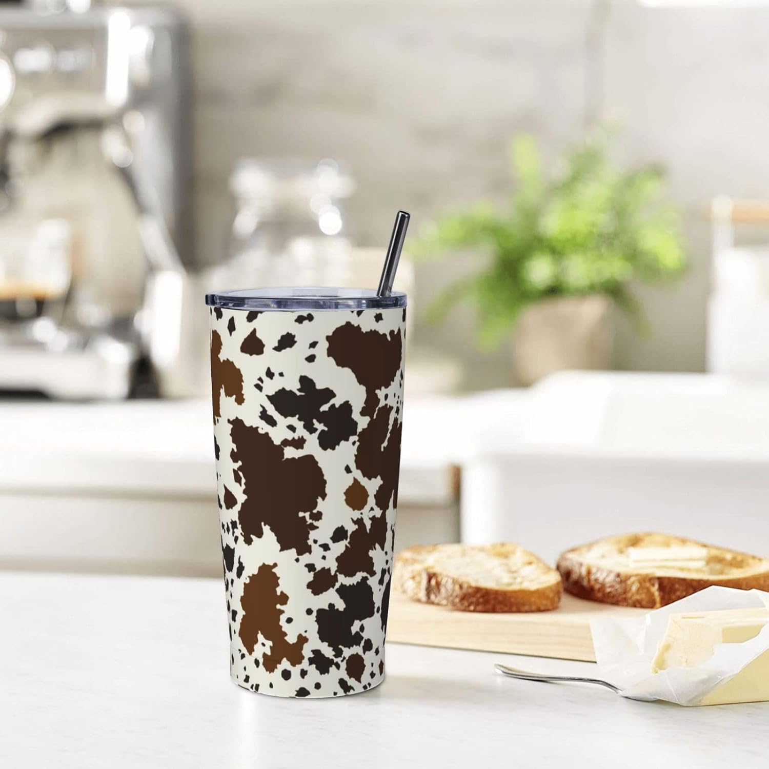 Yobvec Western Cow Print Tumbler with Lid and Straw, 20 Oz Stainless Steel Insulated Brown Cow Water Bottle Cup Coffee Mug - Image 5
