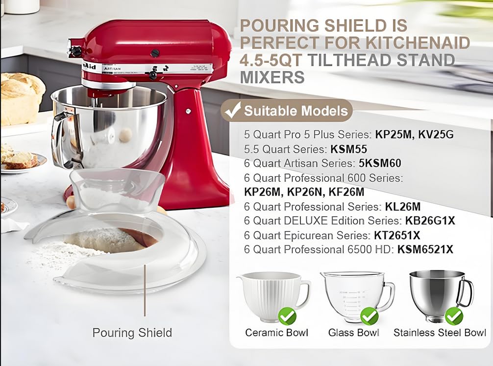 HOMGEN 2 x osłona przed rozpryskami do 4,5 i 5QT KitchenAid - osłona do nalewania i pokrywa miski miksera - osłona do nalewania pasują do różnych misek do mieszania i pokrywy fermentacyjnej do