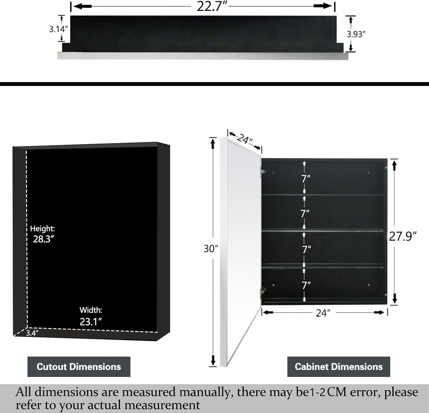 24x30 Inch Medicine Cabinet with Mirror, Brushed Nickel-Aluminum Frame, Farmhouse Bathroom Storage Cabinet (Recessed or Surface Mount)