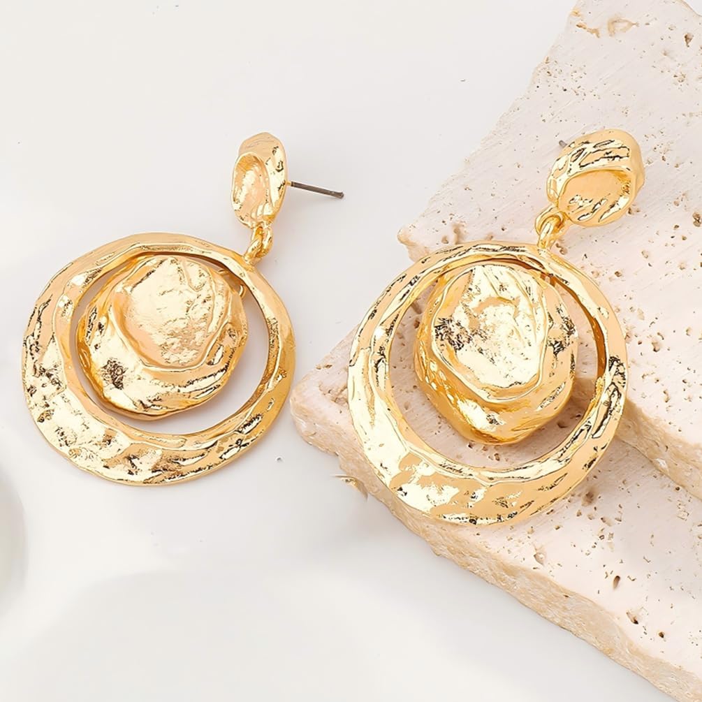 Large Chunky Gold Hammered Round Circle Disc Earrings for Women Vintage Statement Big Silver Hollow Coin Dangle Drop Earring Trendy Party Jewelry Gift - Image 7
