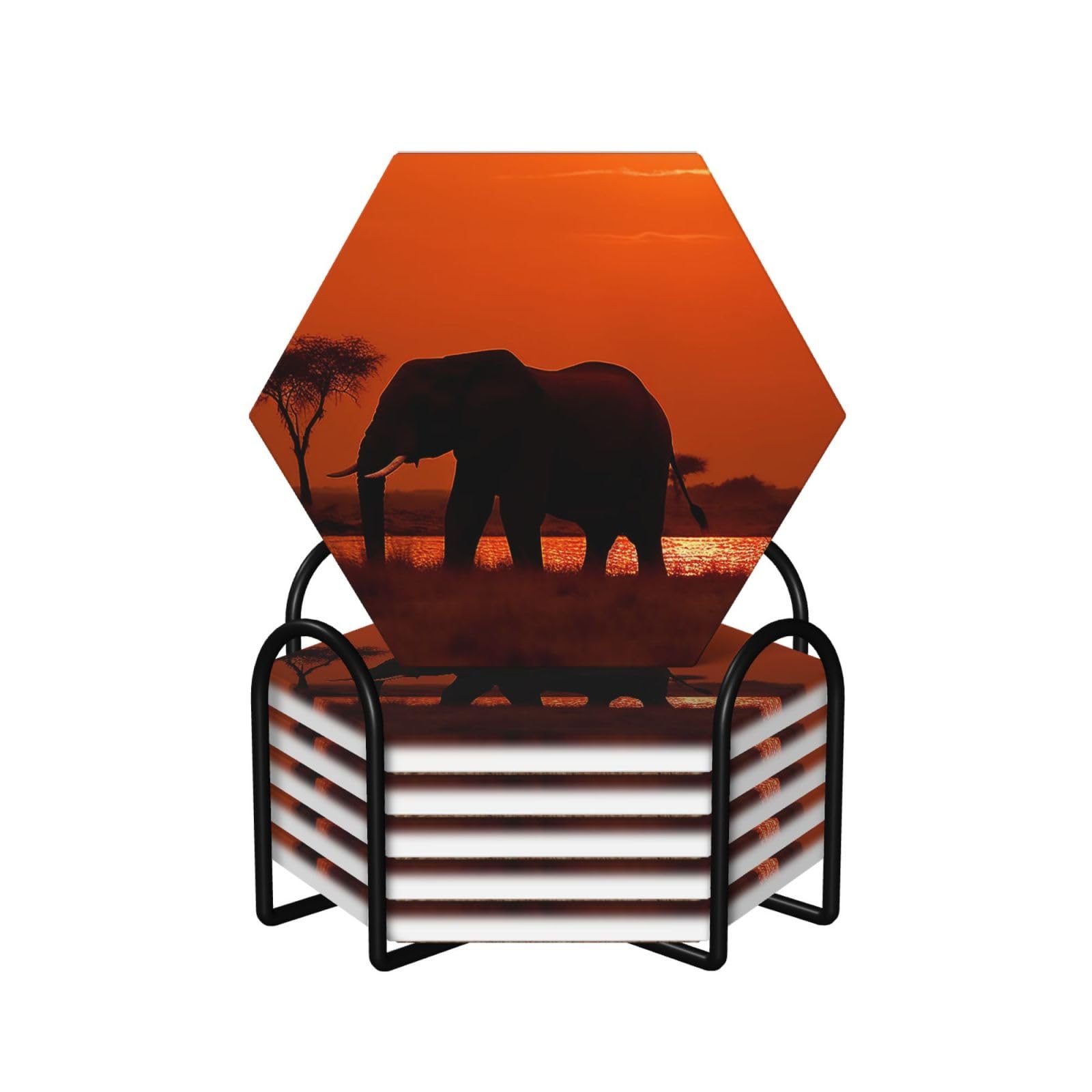 6Pcs Ceramics Coaster for Drinks, Sunset African Elephant Cup Coasters with Holder, Aesthetic Drink Coasters for Coffee Table, Absorbent Round Coaster for Tabletop Protection 4" Cup Mat Pad