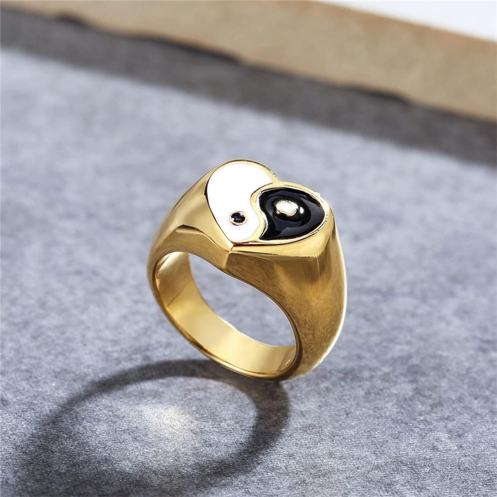 PAMTIER Unisex Stainless Steel Trendy Simple Heart Cut Black and White Yin Yang Gossip Biker Ring