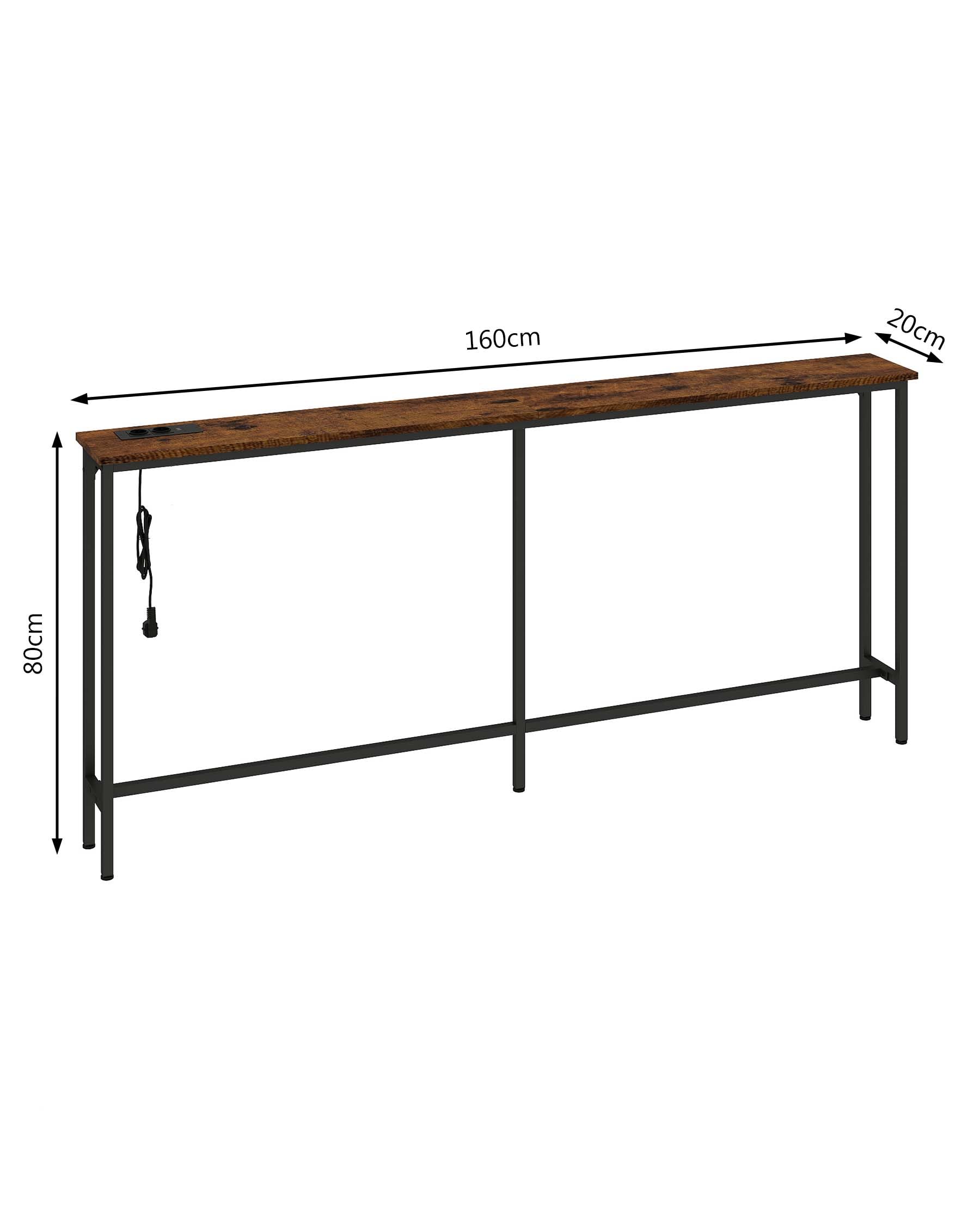 Konsolentisch 160cm Breit mit Steckdose fürs Wohnzimmer, Regal Flur Schmal mit 2 USB und 2 Steckdosen, Schmaler Konsolentische in Braun mit Schwarzem Metall, Vintage Console Table 80cm Hoch