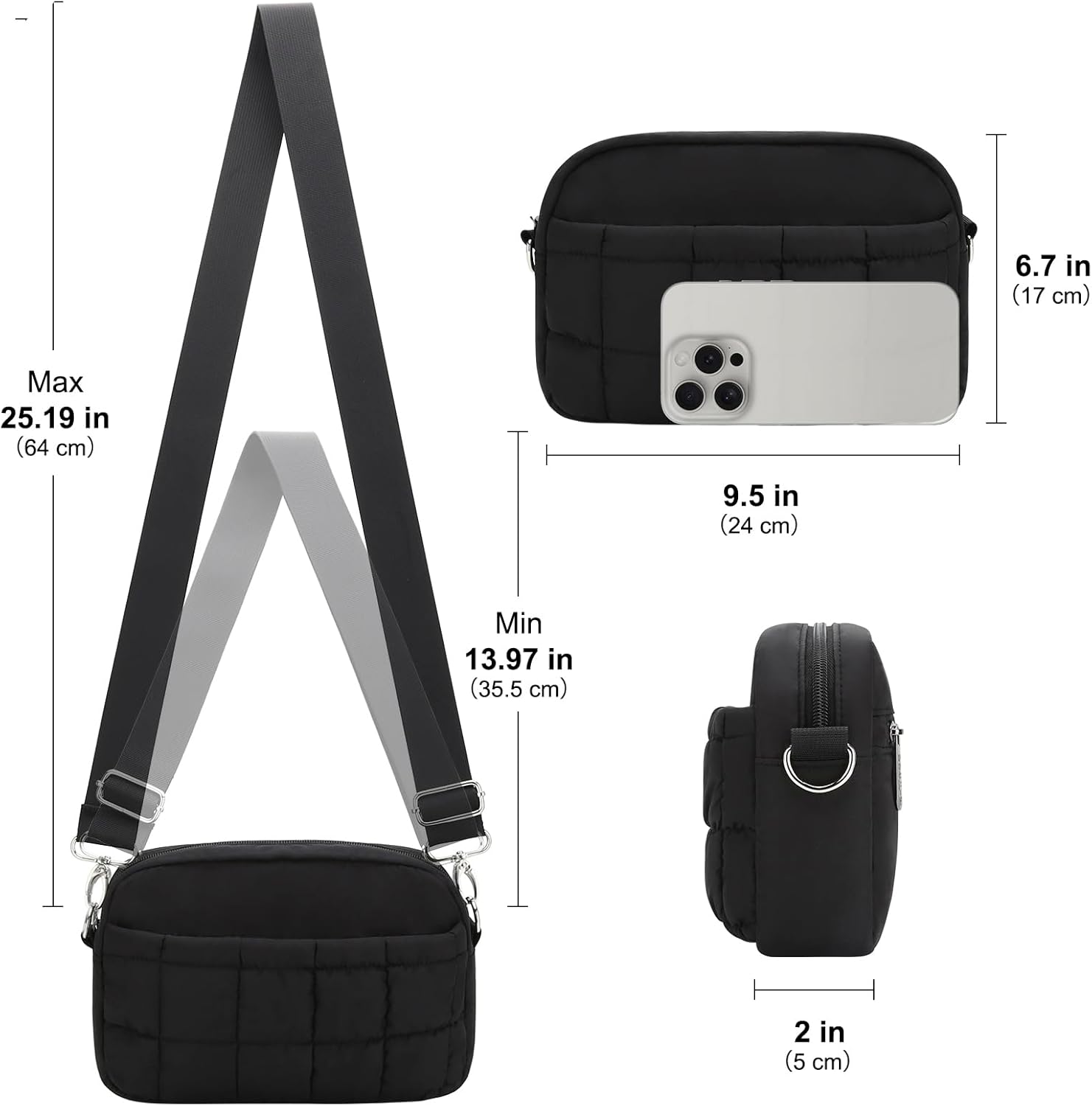 E-Tree Small Crossbody Bag for Women, Puffer Cross Body Purse, Nylon Quilted Shoulder Handbag with Multiple Pocket Black - Image 6