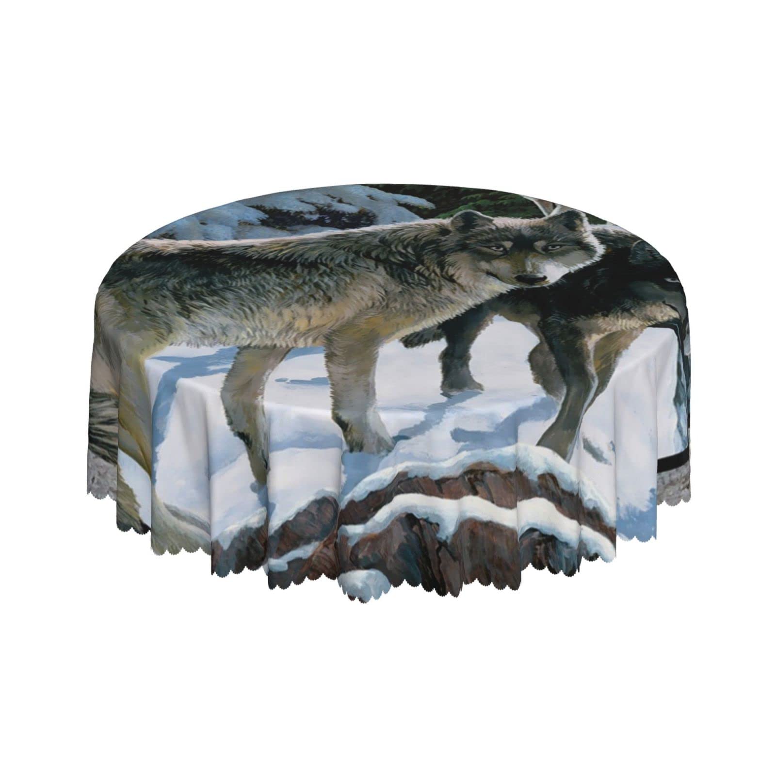 Lsjuee Tundra Wolf Snow Round Tablecloth 60 Inch Printed Washable Tablecloth for Dining Party Holiday Fall Home Decorative