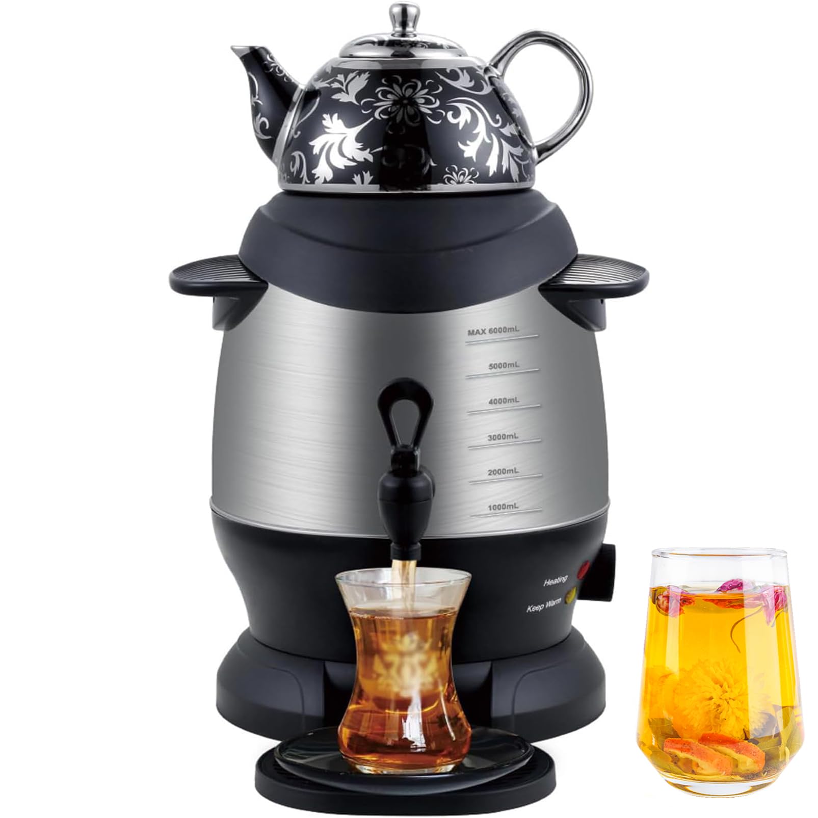 Bollitore elettrico turco Samovar in acciaio inox da 1800 W, bollitore da 5 l con teiera da 1 l, funzione di mantenimento del calore, manico anti-scottatura per caffè e tè profumato