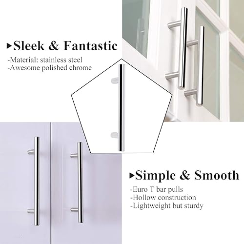 Miniatura 6 de Probrico Paquete de 15 manijas de gabinete cromadas pulidas de 4 pulgadas, 4.016 in entre los centros de agujeros en T, tiradores de manija