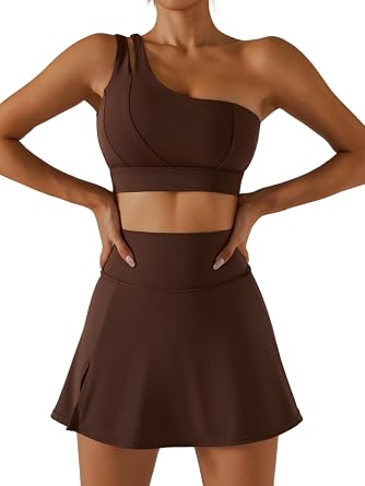 Womens Tennis Skirts Sport Bra Sets High Waisted Golf Skorts Skirt One Shoulder Sports Bra Running Workout Activewear