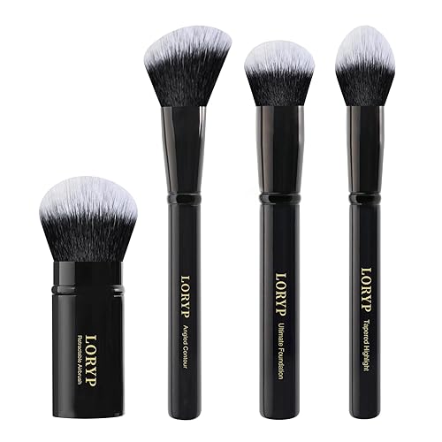 LORYP Juego de 4 brochas de maquillaje profesional de cara completa con aerógrafo retráctil Kabuki para polvo, líquido, crema, brocha para rubor en