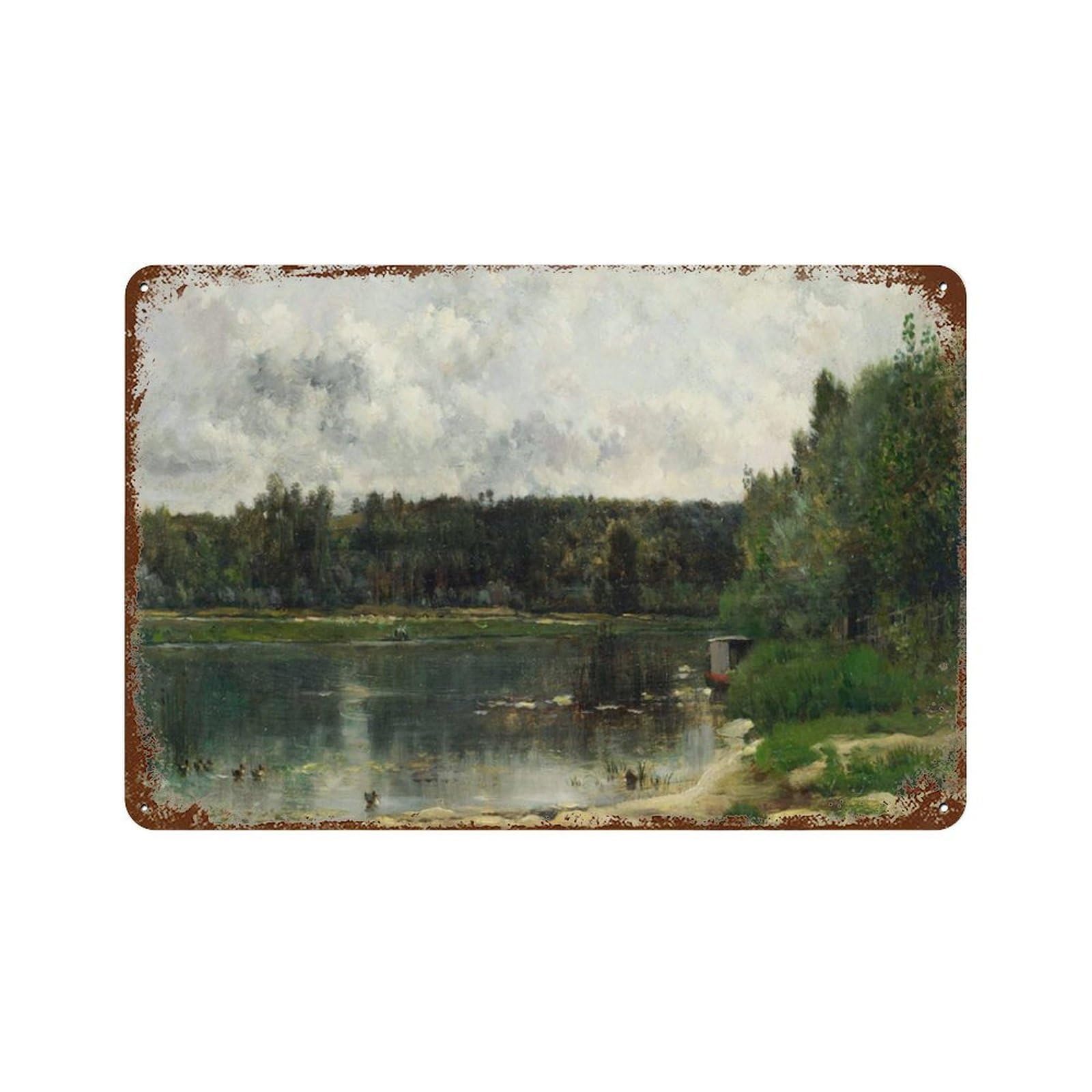 xiaoxiaoshen Muted Summer Landscape Painting, Pond Vintage Wall Decor Art Metal Tin Poster Modern Home Decor Art Home Bar Shop Decorations Vintage Sign 20x30cm