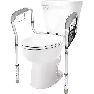 Toilet Safety Rails for Elderly, HEPO Handicap Toilet Frame with Handles and Storage Bag, Adjustable Height and Width, Bathroom Safety Assist Frame with Grab Bar for Senior Disabled, Easy Installation