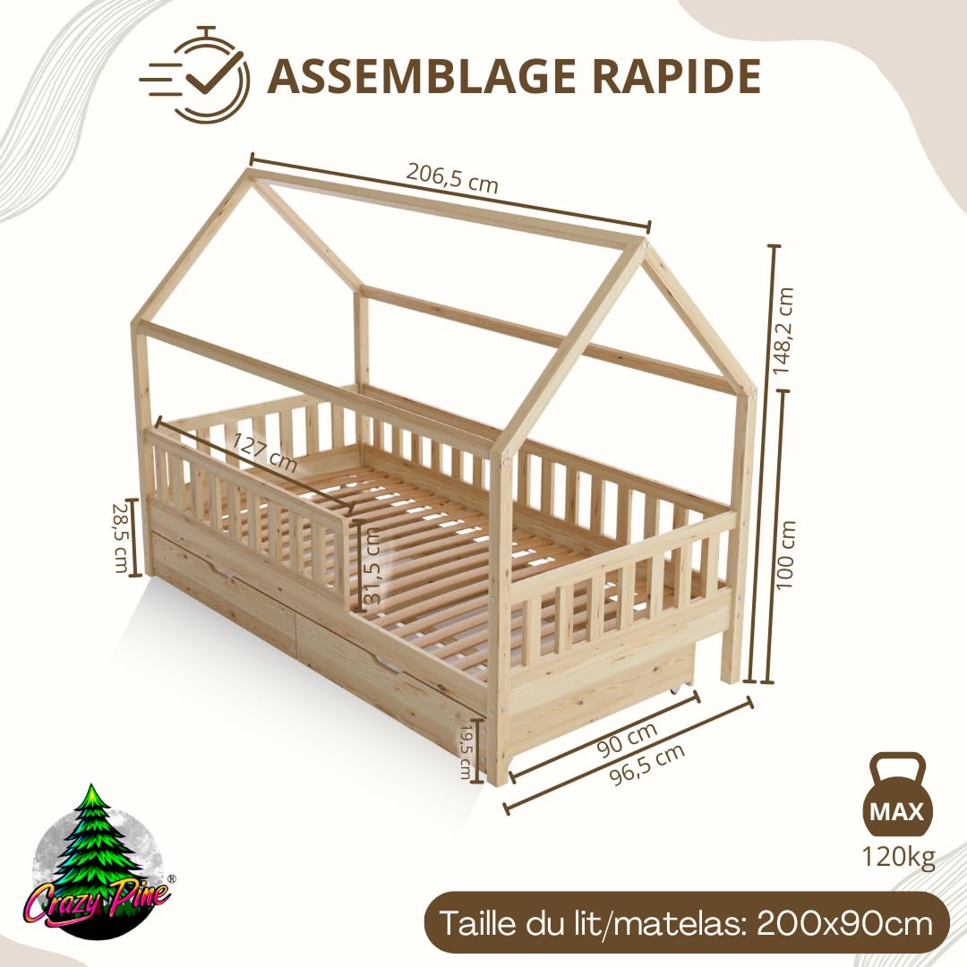 Crazy Blanco Lit de maison avec tiroirs, 90 x 200 cm, en bois naturel, avec protection anti-chute, design scandinave, lit de sol Montessori avec espace de rangement supplémentaire