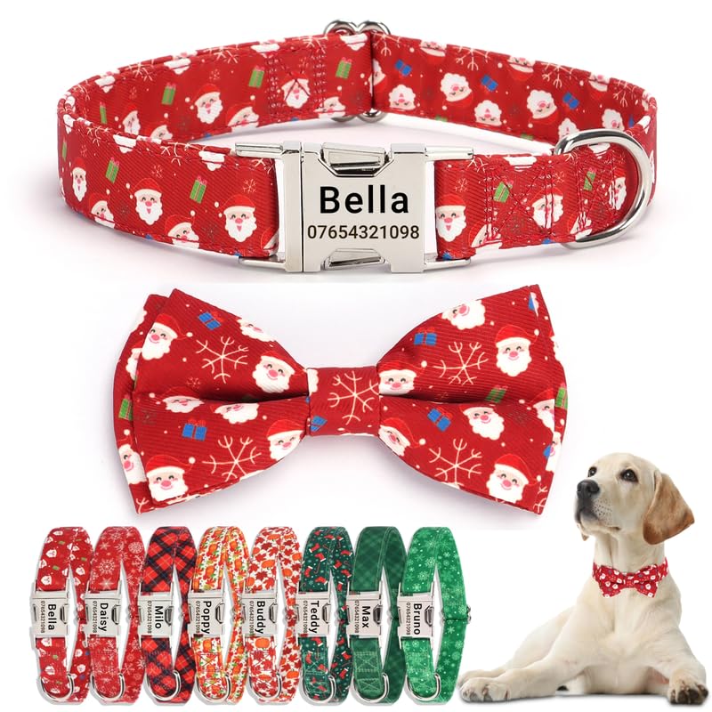 SEOUGEE Christmas Dog Collar Personalised with Bowtie, Adjustable Soft Cotton Dog Collars with Custom Engraved Metal Buckle Name Phone Number for Medium Dogs (Red Santa, M:Neck 35-50cm) — image 1