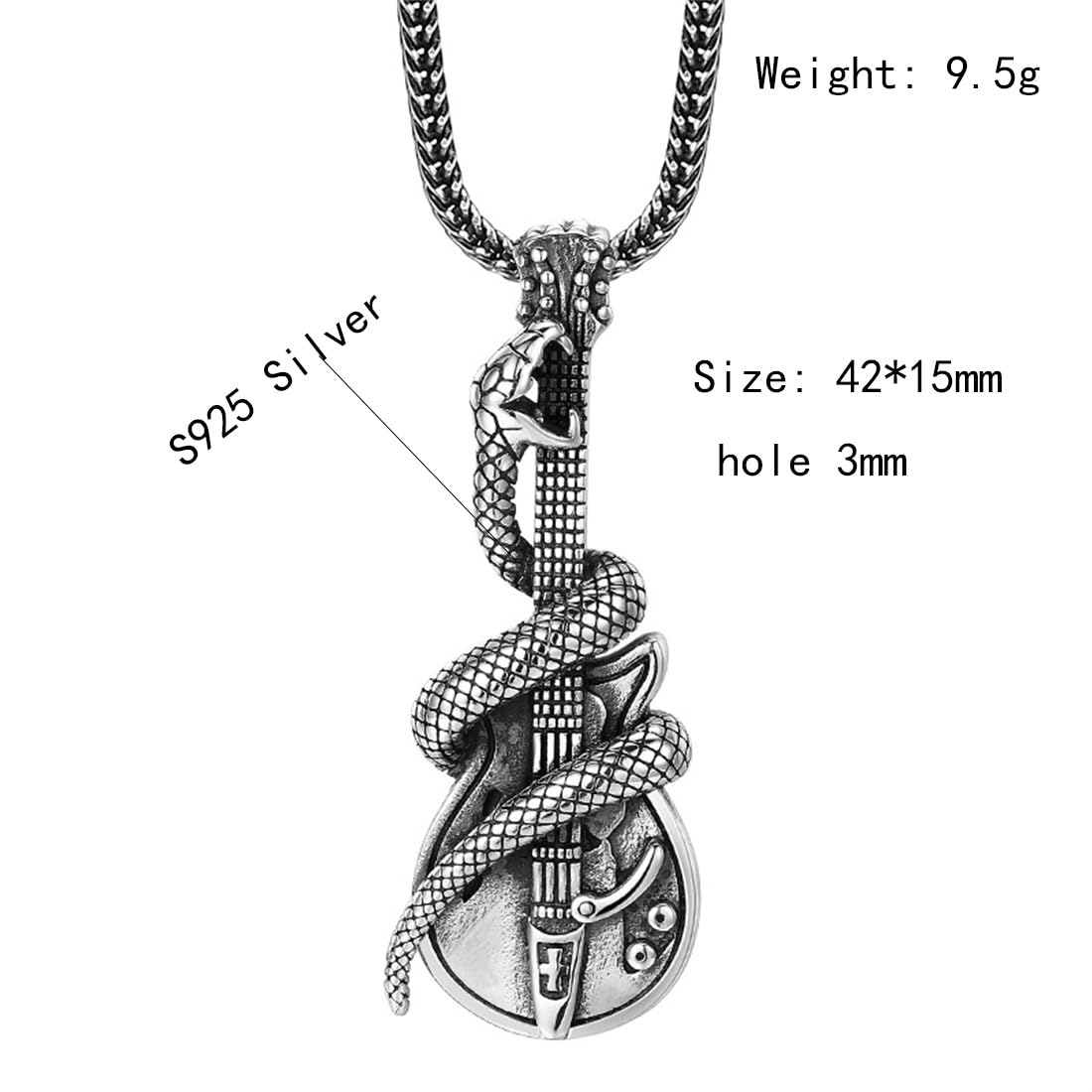 S925 Argento Sterling Ciondolo Collana Chitarra Serpente, Signore Chitarra Vintage Personalizzato Ciondolo Serpente,Argento,Pendant + Chain 50cm
