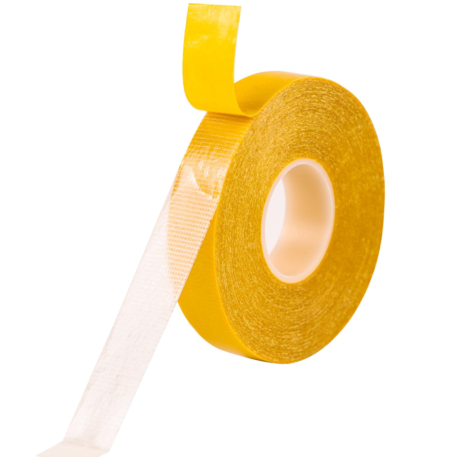 double sided fabric tape heavy duty 0.79" x66ft, clear strong adhesive w/fiberglass mesh tape for clothes, carpet, arts & mounting | high stickiness, residue-free & removable
