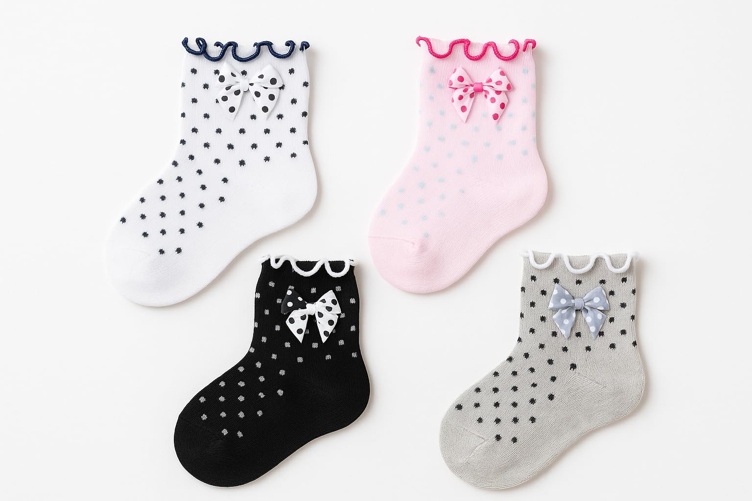 Girls Cotton Lace Polka Dot Fancy Bow Ankle Socks, 4-7 years, White and Grey, Pack of 2 - Image 3 thumbnail