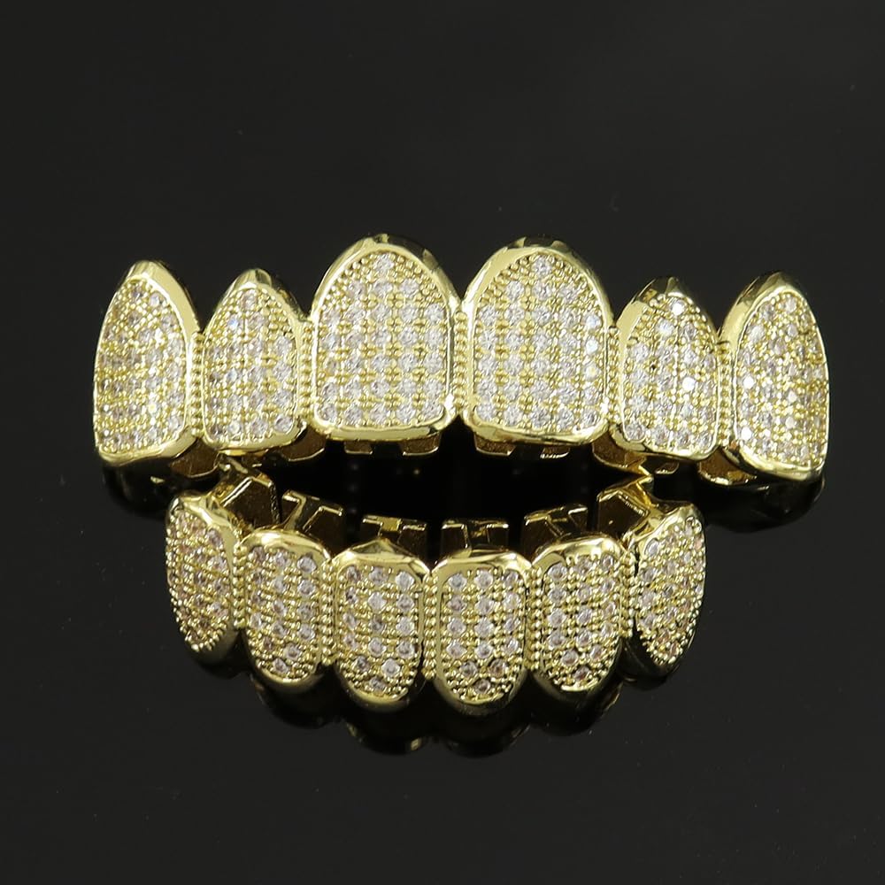 Iced out Diamond Teeth Grillz for Women Men, Gold Plated Vampire Accessories, Top and Bottom Grills Set, Rapper Costume Mouth Grills for Music Festival, Halloween, Party Decoration