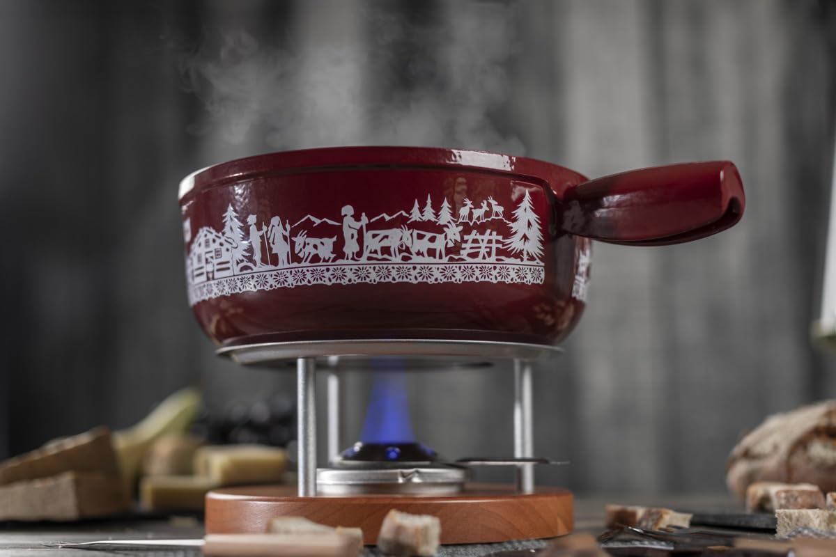 KUHN RIKON 32276 Cheese Fondue Set Induction Cast Iron Red Alpine Willow 24 cm