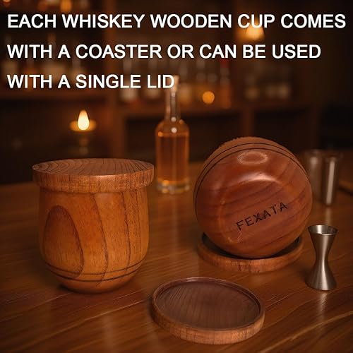 Miniatura 3 de Vaso de whisky de madera hecho a mano, vaso de madera natural a la antigua, 10 onzas, 3.5 pulgadas, con portavasostapa de taza, taza de bourbon de