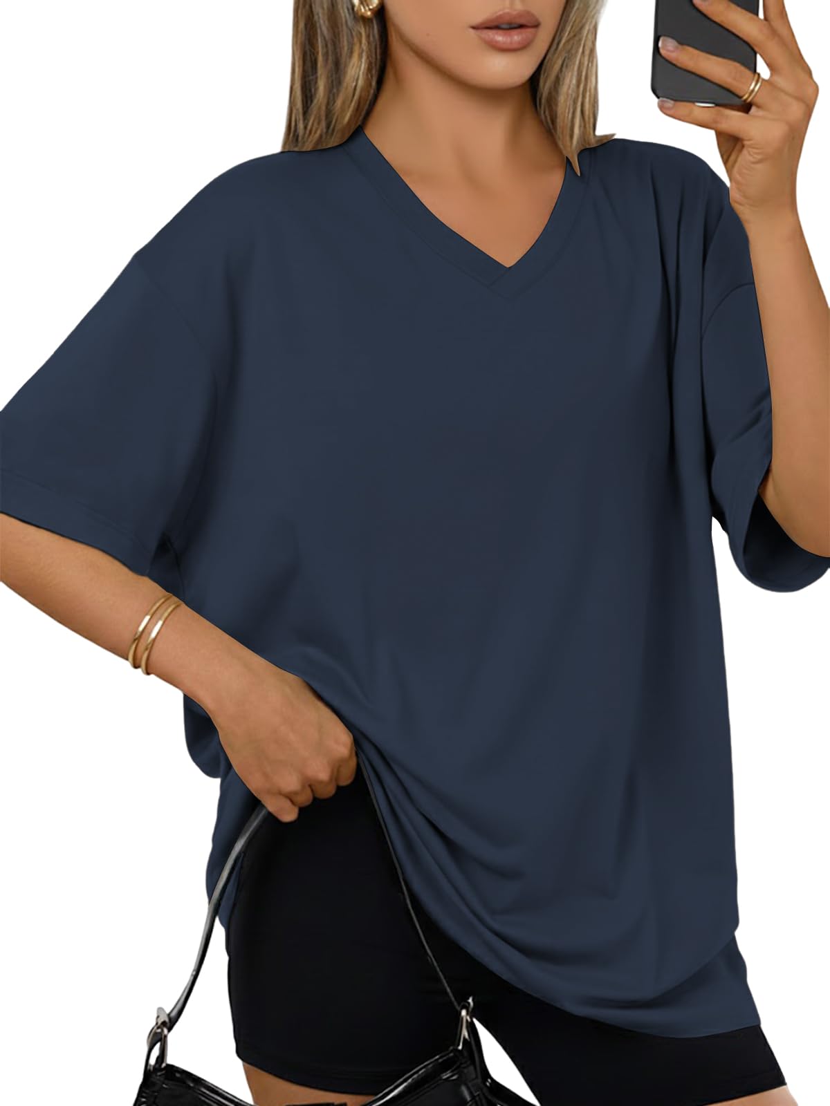 Cuptacc Tshirt Damen V Ausschnitt Oversized Oberteile Basic Locker Kurzarm Tunika Damen Sommer Lang Shirt Mit Schlitz Einfarbig Top