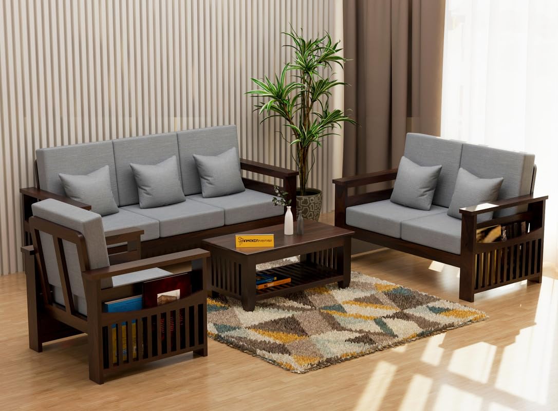Harmony Solid Sheesham Wood 6 Seater Sofa Set for Living Room 3+2+1 Seater Sofa with Side Pocket Storage for Home & Office (Walnut Finish,Grey Cushion)-image-7