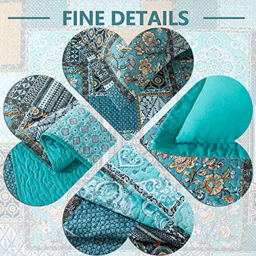 Vaputar Bedding Sets Collections - Cotton Quilt Sets King Size Bedspreads, King Size Boho Quilts Bohemian Floral Bedding Set For Farmhouse Bedroom(Teal/Green Chic) #TOP2