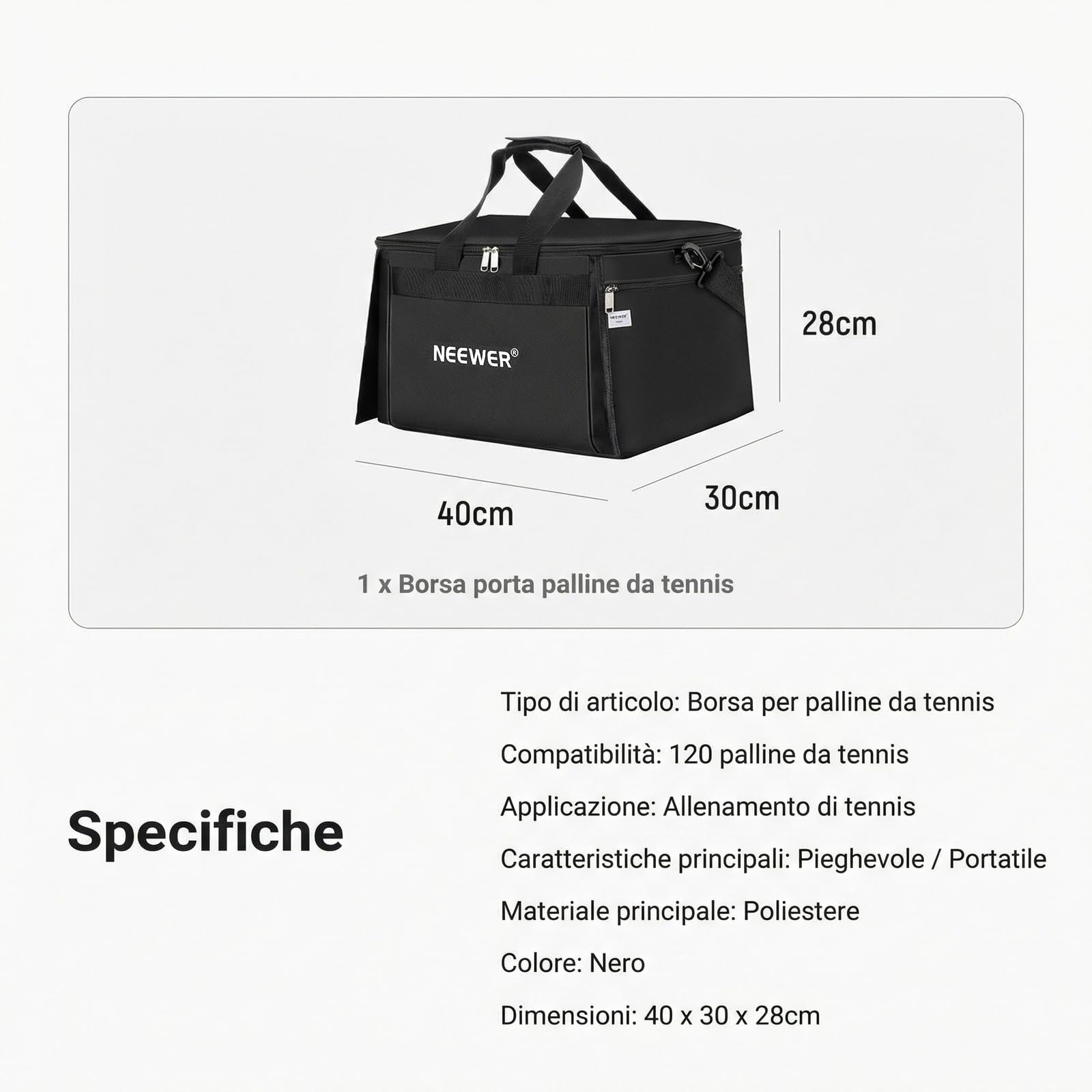 NEEWER TB03B Borsa Porta Palline Tennis, Cestello da Trasporto per Tramoggia di Raccolta Pieghevole in Poliestere con Tasche Laterali per Raccoglitore Palline TB01S, Max 120 Ball, Solo Sacca Inclusa