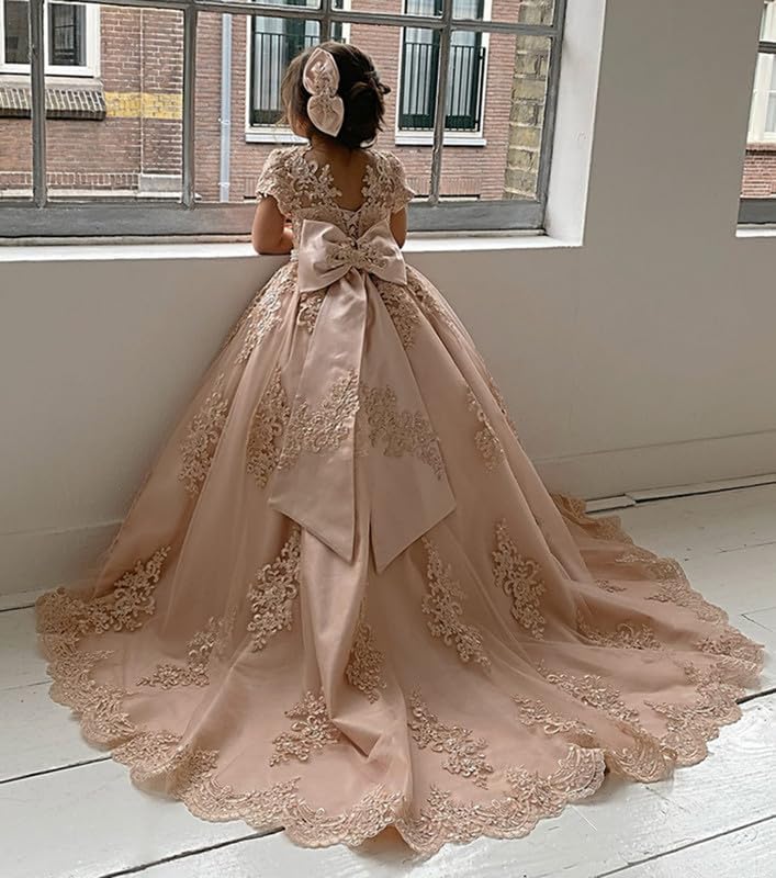 Flower Girl Dress with Sleeves Appliques Bow-Knot Pageant Dresses for Girls Ball Gown Party Dress3